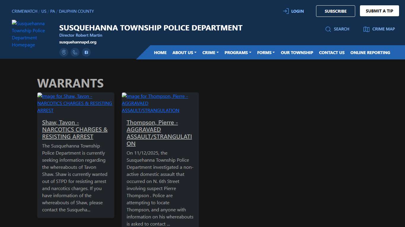 Susquehanna Township Police Department Warrants CRIMEWATCH