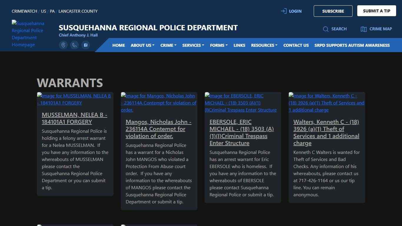 Susquehanna Regional Police Department Warrants CRIMEWATCH